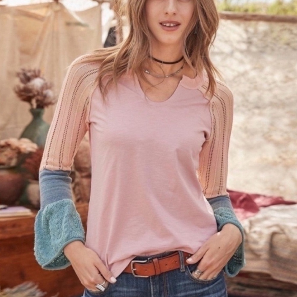 Sundance Cozy Cabin Pink/Blue Crochet Sleeve Blouse Boho Western Festival Large